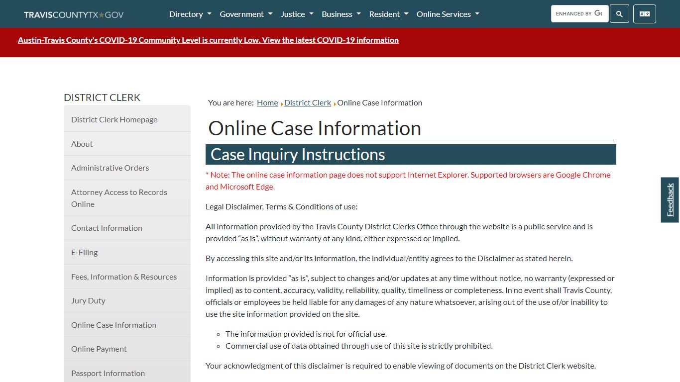 Online Case Information - Travis County, Texas